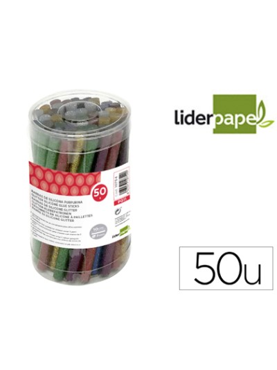 Barra termofusible purpurina liderpapel 7 mm diametro x 100 mm de alto bote 50 unidades colores surtidos
