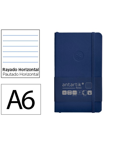 Cuaderno con gomilla antartik notes tapa blanda a6 rayas azul marino 100 hojas 80 gr fsc