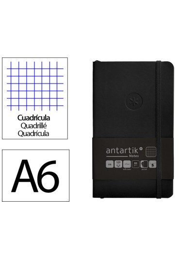 Cuaderno con gomilla antartik notes tapa blanda a6 cuadricula negro 100 hojas 80 gr fsc