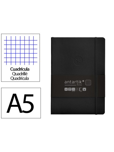 Cuaderno con gomilla antartik notes tapa blanda a5 hojas cuadricula negro 80 hojas 80 gr fsc