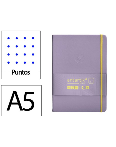Cuaderno con gomilla antartik notes tapa dura a5 hojas puntos morado y amarillo 100 hojas 80 gr fsc