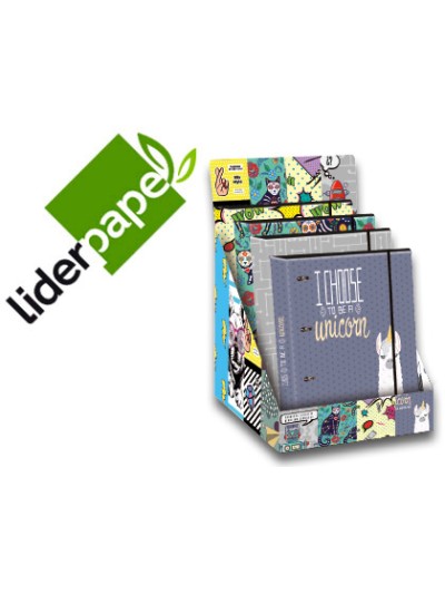 Carpeta liderpapel 4 anillas 40 mm forrada din a4 con recambio y gomilla fantasia 120h 70g 5mm expositor 10