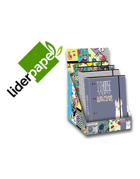 Carpeta liderpapel 4 anillas 40 mm forrada din a4 con recambio y gomilla fantasia 120h 70g 5mm expositor 10