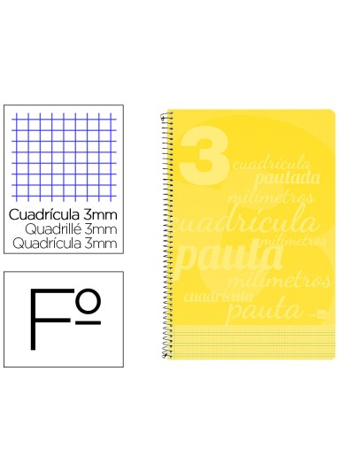 Cuaderno espiral liderpapel folio pautaguia tapa plastico 80h 75gr cuadro pautado 3mm con margen color amarillo