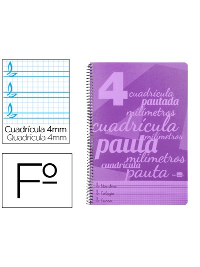 Cuaderno espiral liderpapel folio pautaguia tapa plastico 80h 75gr cuadro pautado 4mm con margen color violeta