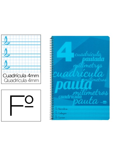 Cuaderno espiral liderpapel folio pautaguia tapa plastico 80h 75gr cuadro pautado 4mm con margen color azul