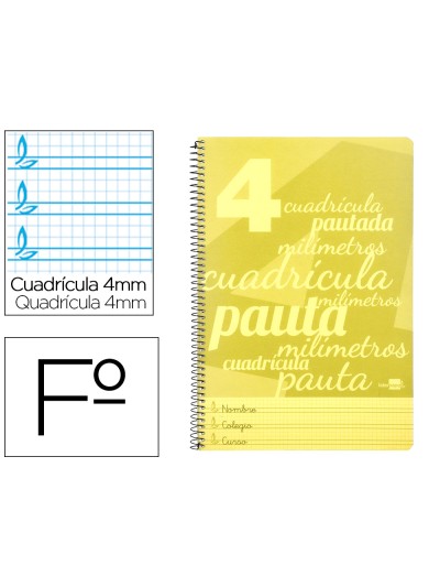 Cuaderno espiral liderpapel folio pautaguia tapa plastico 80h 75gr cuadro pautado 4mm con margen color amarillo