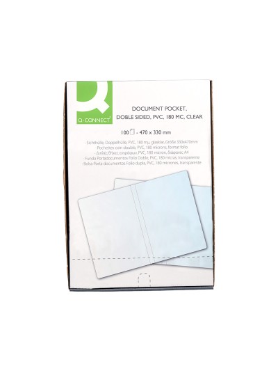 Funda portadocumento q-connect folio doble 180 micras pvc transparente 330x470mm