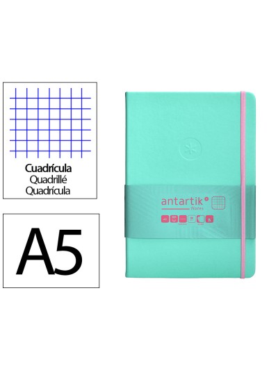 Cuaderno con gomilla antartik notes tapa dura a5 hojas cuadricula rosa y turquesa 100 hojas 80 gr fsc