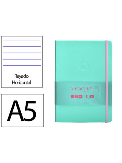 Cuaderno con gomilla antartik notes tapa dura a5 hojas rayas rosa y turquesa 100 hojas 80 gr fsc