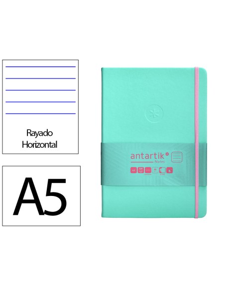 Cuaderno con gomilla antartik notes tapa dura a5 hojas rayas rosa y turquesa 100 hojas 80 gr fsc