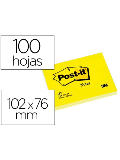 Bloc de notas adhesivas quita y pon post-it 76x102 mm con 100 hojas 657