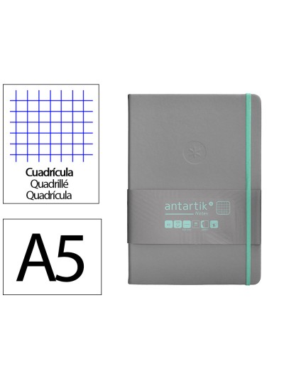 Cuaderno con gomilla antartik notes tapa dura a5 hojas cuadricula gris y turquesa 100 hojas 80 gr fsc