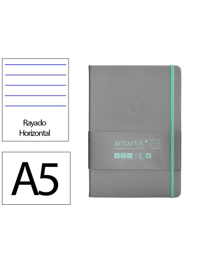 Cuaderno con gomilla antartik notes tapa dura a5 hojas rayas gris y turquesa 100 hojas 80 gr fsc