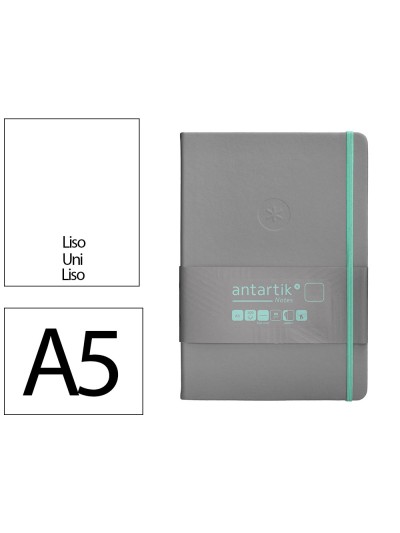 Cuaderno con gomilla antartik notes tapa dura a5 hojas lisas gris y turquesa 100 hojas 80 gr fsc