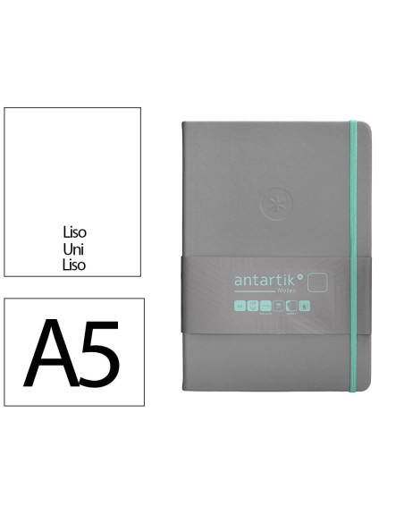 Cuaderno con gomilla antartik notes tapa dura a5 hojas lisas gris y turquesa 100 hojas 80 gr fsc