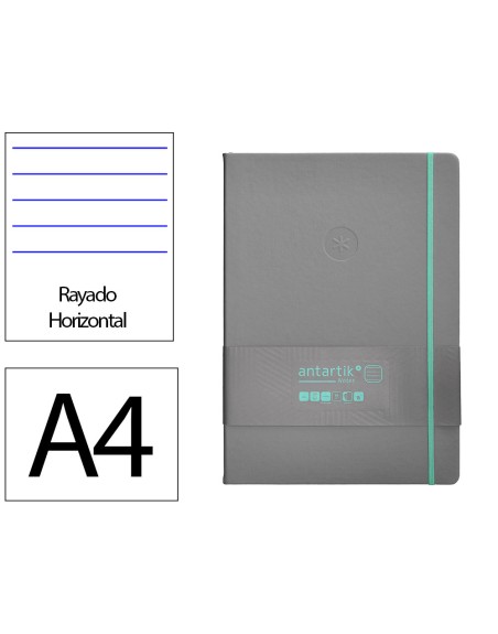 Cuaderno con gomilla antartik notes tapa dura a4 hojas rayas gris y turquesa 100 hojas 80 gr fsc