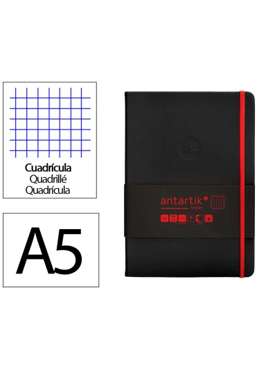 Cuaderno con gomilla antartik notes tapa dura a5 hojas cuadricula negro y rojo 100 hojas 80 gr fsc