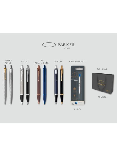Lote boligrafos parker promocional 2024 contenido 6+2 gratis + 12 recambios + 10 bolsas de regalo