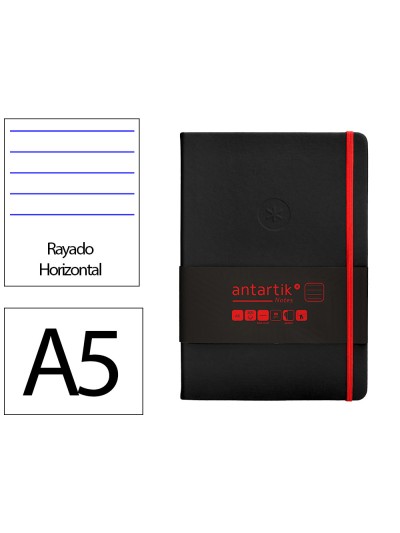 Cuaderno con gomilla antartik notes tapa dura a5 hojas rayas negro y rojo 100 hojas 80 gr fsc