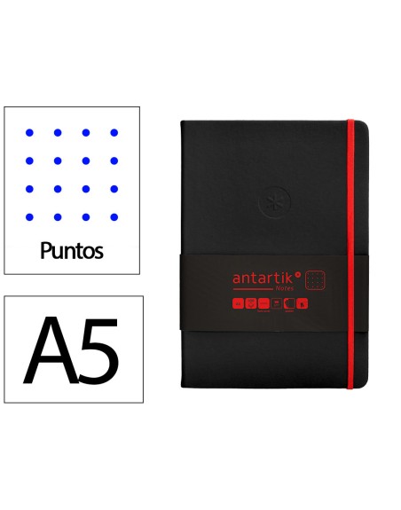 Cuaderno con gomilla antartik notes tapa dura a5 hojas puntos negro y rojo 100 hojas 80 gr fsc