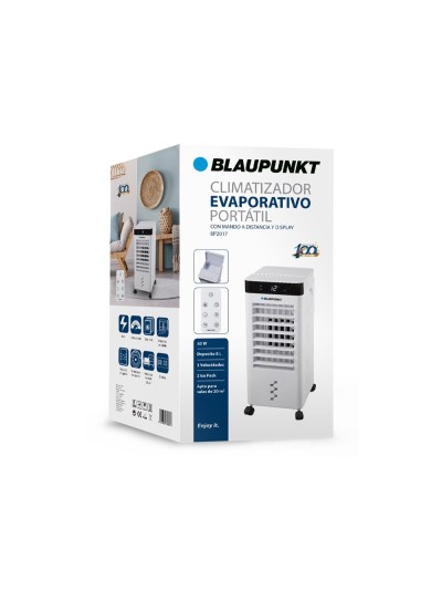Climatizador evaporativo blaupunkt 65w deposito 8l 3 velocidades hasta 20 m2 con ruedas y mando color blanco