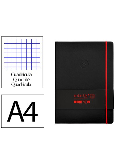 Cuaderno con gomilla antartik notes tapa dura a4 hojas cuadricula negro y rojo 100 hojas 80 gr fsc