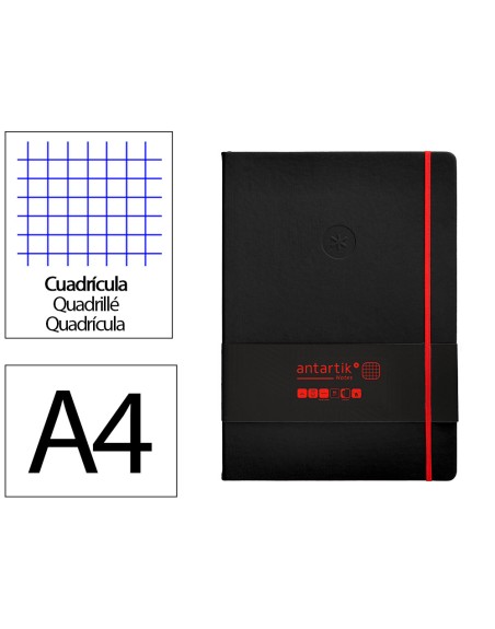 Cuaderno con gomilla antartik notes tapa dura a4 hojas cuadricula negro y rojo 100 hojas 80 gr fsc