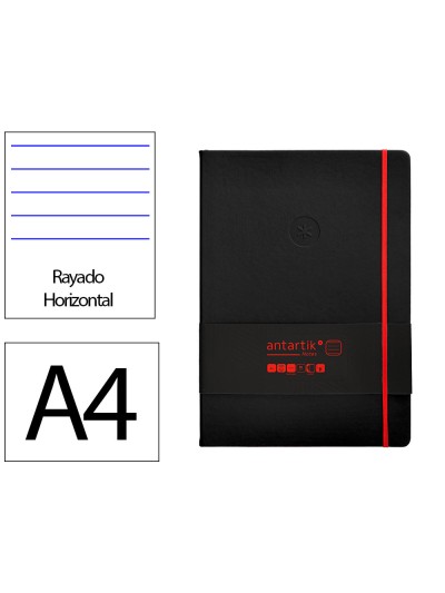 Cuaderno con gomilla antartik notes tapa dura a4 hojas rayas negro y rojo 100 hojas 80 gr fsc