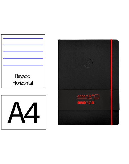 Cuaderno con gomilla antartik notes tapa dura a4 hojas rayas negro y rojo 100 hojas 80 gr fsc