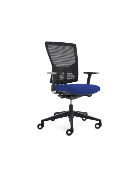 Silla rocada de oficina con brazos tapizada en tela ingnifuga y respaldo en polimero color azul