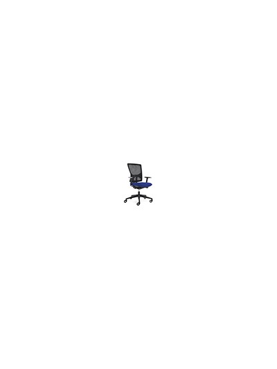 Silla rocada de oficina con brazos tapizada en tela ingnifuga y respaldo en polimero color azul
