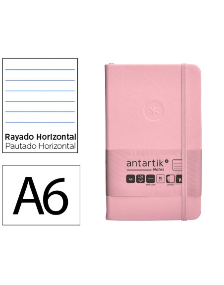 Cuaderno con gomilla antartik notes tapa dura a6 hojas rayas rosa pastel 100 hojas 80 gr fsc