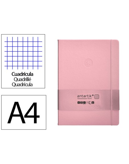 Cuaderno con gomilla antartik notes tapa dura a4 hojas cuadricula rosa pastel 100 hojas 80 gr fsc
