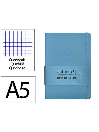 Cuaderno con gomilla antartik notes tapa dura a5 hojas cuadricula azul claro 100 hojas 80 gr fsc
