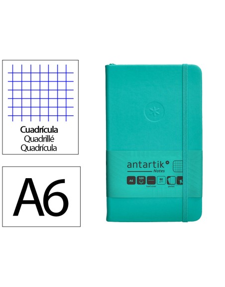 Cuaderno con gomilla antartik notes tapa dura a6 hojas cuadricula turquesa 100 hojas 80 gr fsc