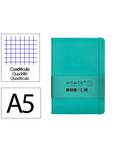 Cuaderno con gomilla antartik notes tapa dura a5 hojas cuadricula turquesa 100 hojas 80 gr fsc