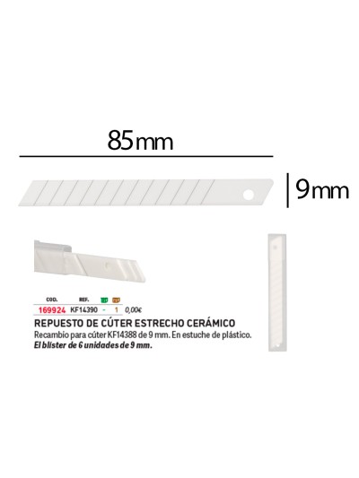 Repuesto cuter q-connect metalico estrecho para modelo kf14388 cuchilla ceramica 9 mm blister 6 unidades