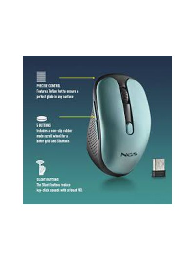 Raton ngs evo rust optico 800/1200/1600 dpi inalambrico 5 botones teclas silenciosas receptor usb 2,4 ghz verde