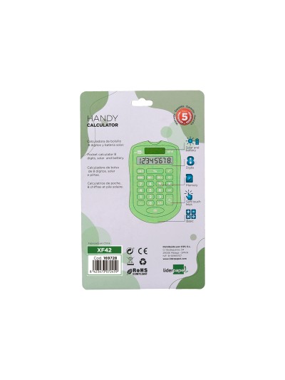 Calculadora liderpapel bolsillo xf42 8 digitos solar y pilas color verde 94x59,5x10,5mm