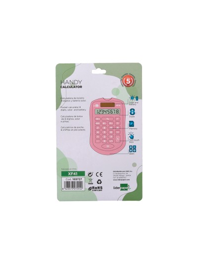 Calculadora liderpapel bolsillo xf41 8 digitos solar y pilas color rosa 94x59,5x10,5mm