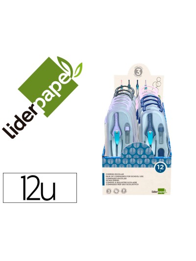 Compas liderpapel lock device con adaptador universal y tubo de minas expositor con 12 unidades colores surtidos
