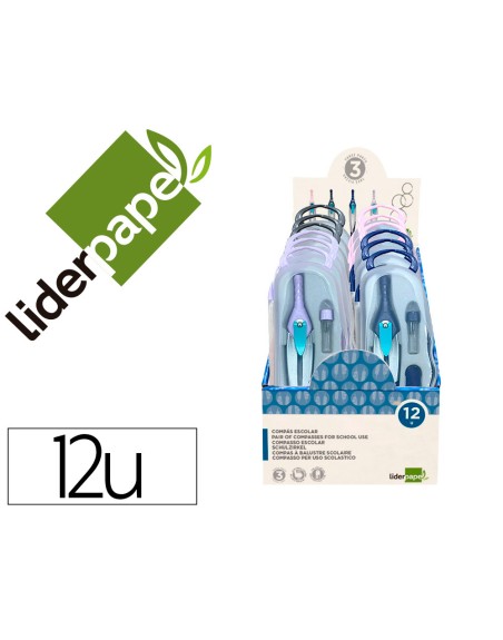 Compas liderpapel lock device con adaptador universal y tubo de minas expositor con 12 unidades colores surtidos