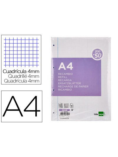 Recambio liderpapel a4 200+50 hojas 90g/m2 cuadro 4 mm con margen 4 taladros