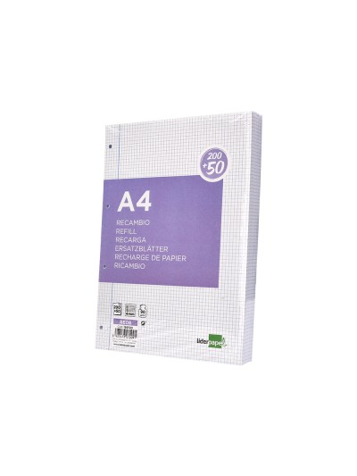 Recambio liderpapel a4 200+50 hojas 90g/m2 cuadro 4 mm con margen 4 taladros