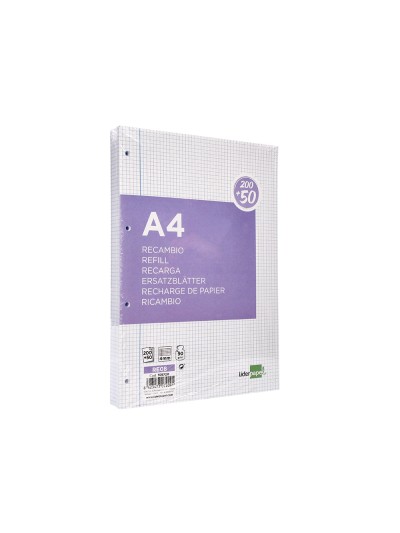 Recambio liderpapel a4 200+50 hojas 90g/m2 cuadro 4 mm con margen 4 taladros