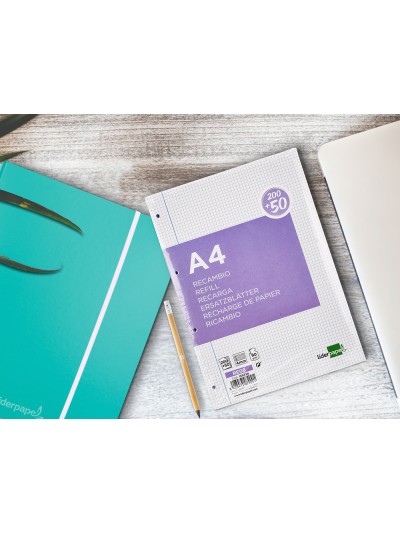 Recambio liderpapel a4 200+50 hojas 90g/m2 cuadro 4 mm con margen 4 taladros