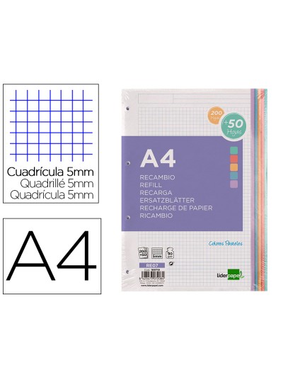 Recambio liderpapel a4 200+50 hojas 90g/m2 cuadro 5 mm 4 taladros bandas de 5 colores