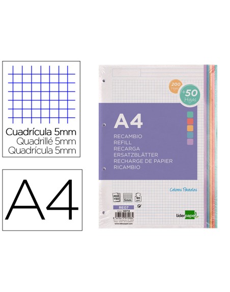 Recambio liderpapel a4 200+50 hojas 90g/m2 cuadro 5 mm 4 taladros bandas de 5 colores
