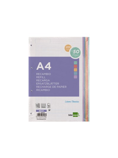 Recambio liderpapel a4 200+50 hojas 90g/m2 cuadro 5 mm 4 taladros bandas de 5 colores